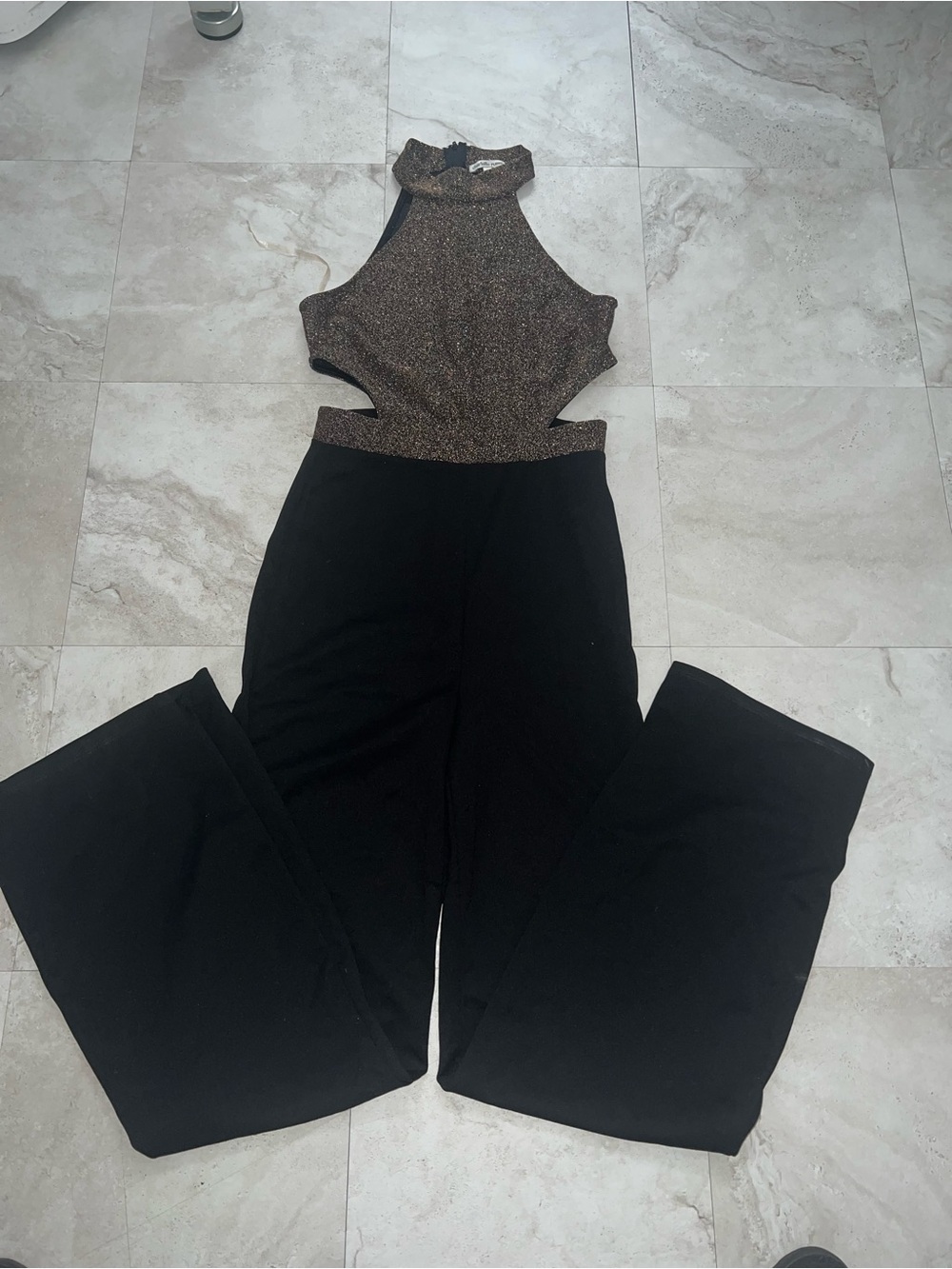 Charlotte Russe Metallic Halter Cutout Jumpsuit in Bronze and Black